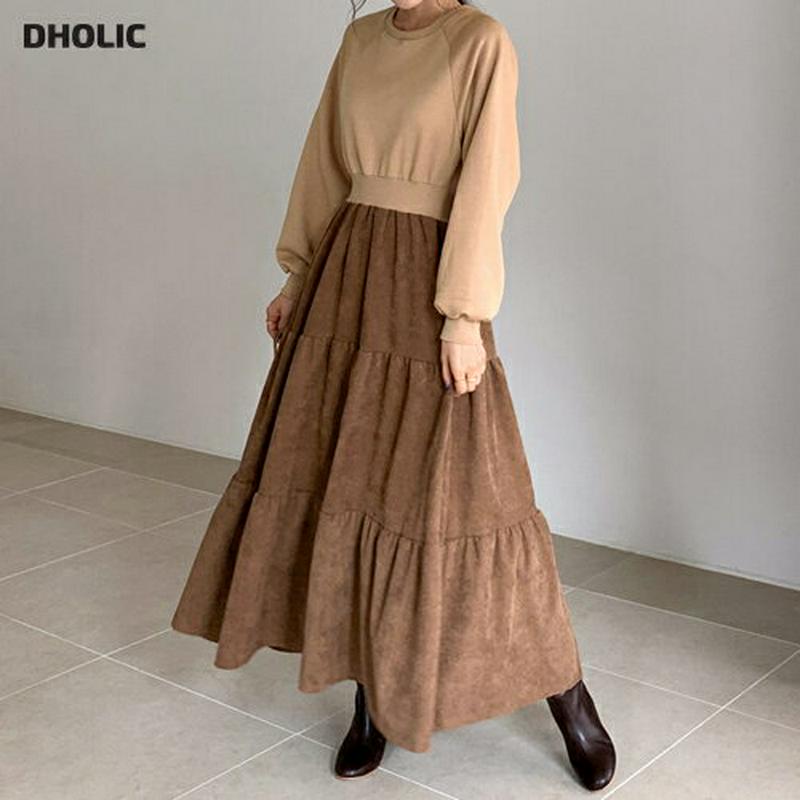 ≪人気商品再入荷≫配色ティアードワンピース・全3色・b64362 レディース【ops】 韓国ファッション ワンピース ロングワンピース ラグランスリーブ 長袖 スウェット 配色 ティアード コントラスト コーデュロイ シンプル ゆったり 秋 冬