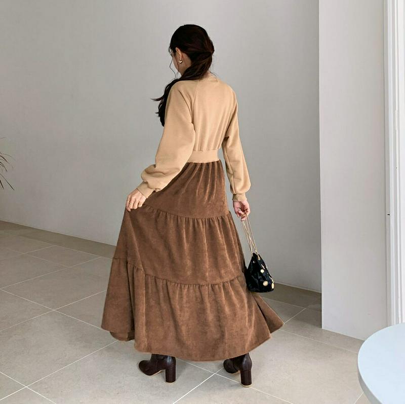 ≪人気商品再入荷≫配色ティアードワンピース・全3色・b64362 レディース【ops】 韓国ファッション ワンピース ロングワンピース ラグランスリーブ 長袖 スウェット 配色 ティアード コントラスト コーデュロイ シンプル ゆったり 秋 冬