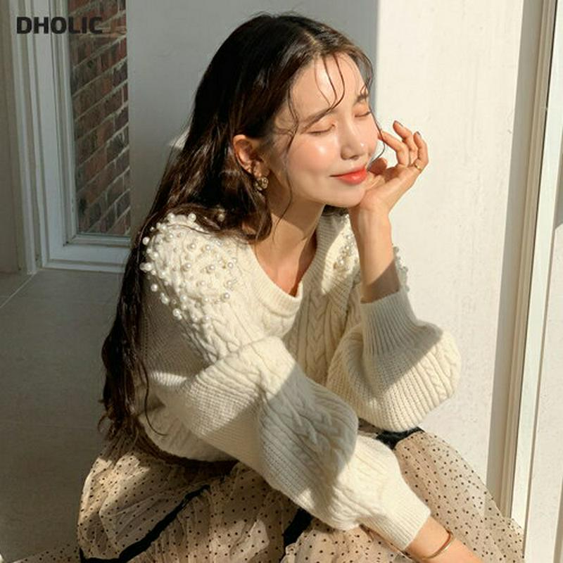 パールショルダーケーブルニット・全色・b64394 レディース【tops】【韓国 ファッション トップス ニット ニットトップス