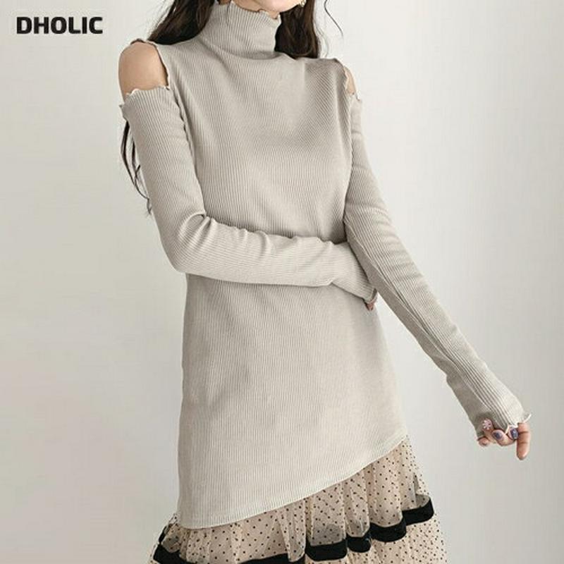 オープンショルダーリブTシャツ・全2色・t64383 レディース【tops】【韓国 ファッション トップス Tシャツ ハイネック