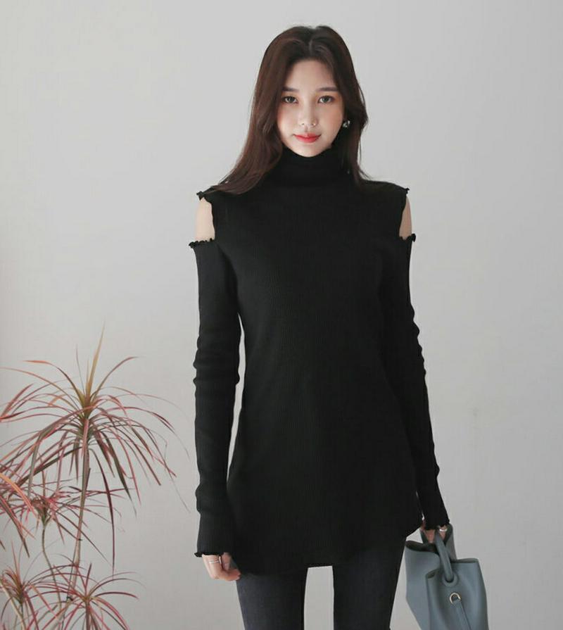 オープンショルダーリブTシャツ・全2色・t64383 レディース【tops】【韓国 ファッション トップス Tシャツ ハイネック