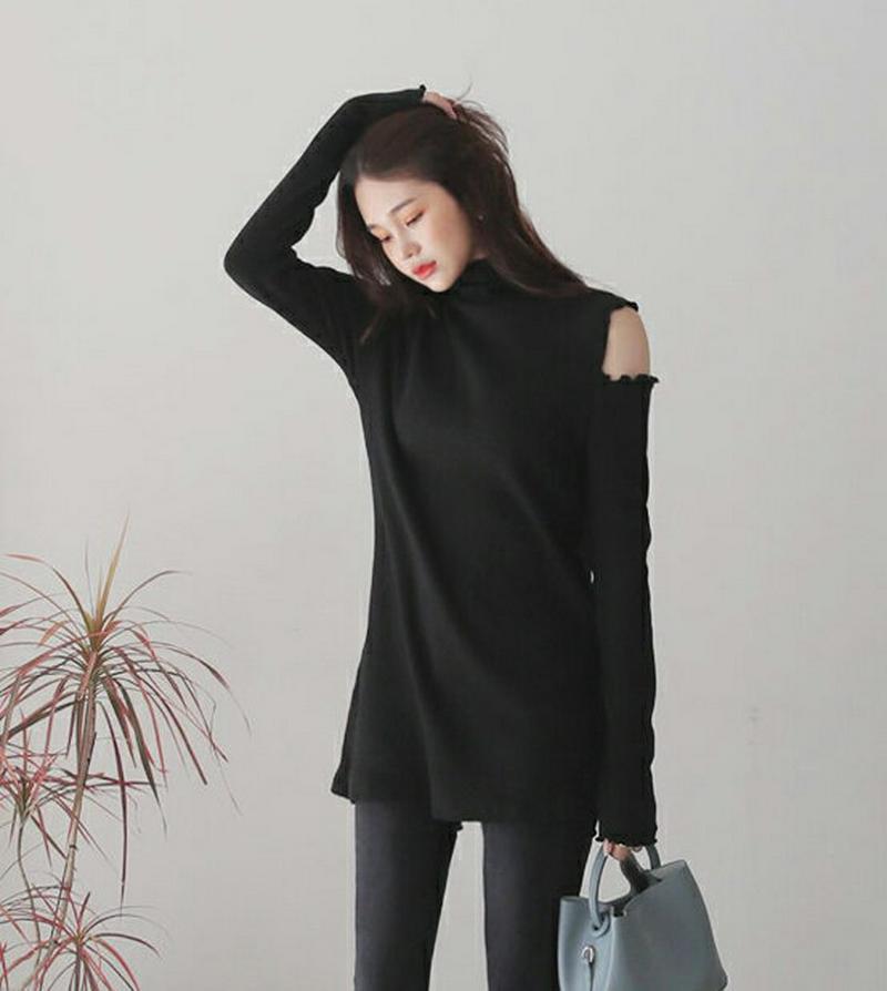 オープンショルダーリブTシャツ・全2色・t64383 レディース【tops】【韓国 ファッション トップス Tシャツ ハイネック