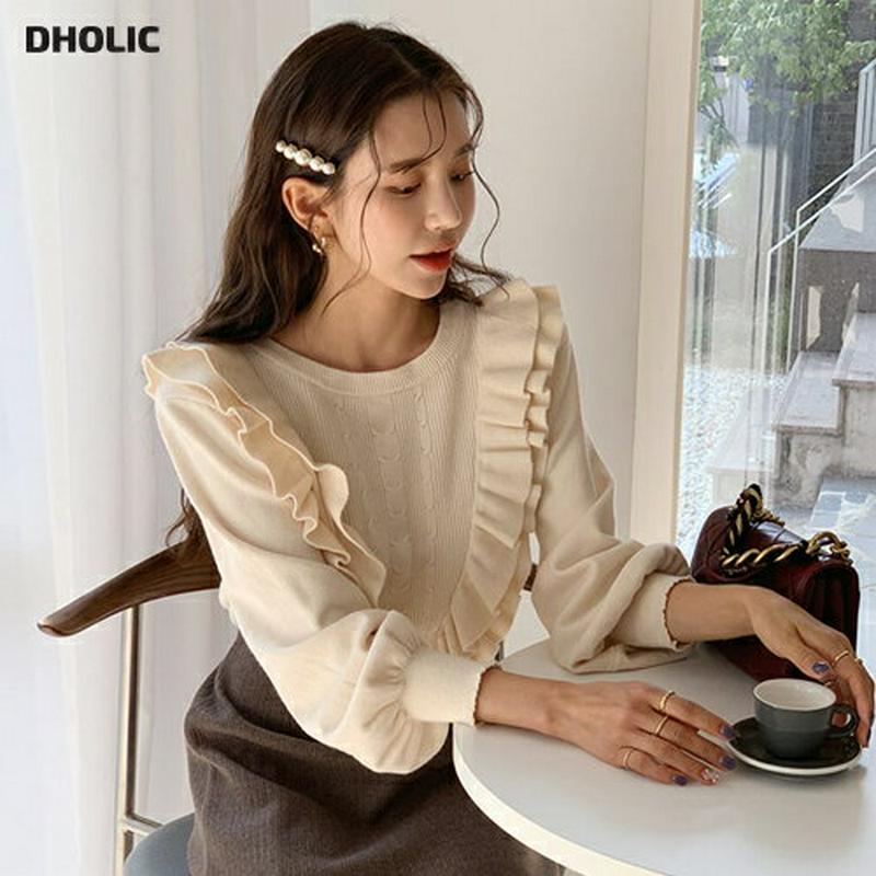【只今10%OFF】ラウンドネックフリルニット・全3色・b64381 レディース【tops】【韓国 ファッション トップス ニット ニットトップス ロングスリーブ 長袖 ラウンドネック フリル ツイスト リブ 単色 シンプル ガーリー かわいい 秋 冬】