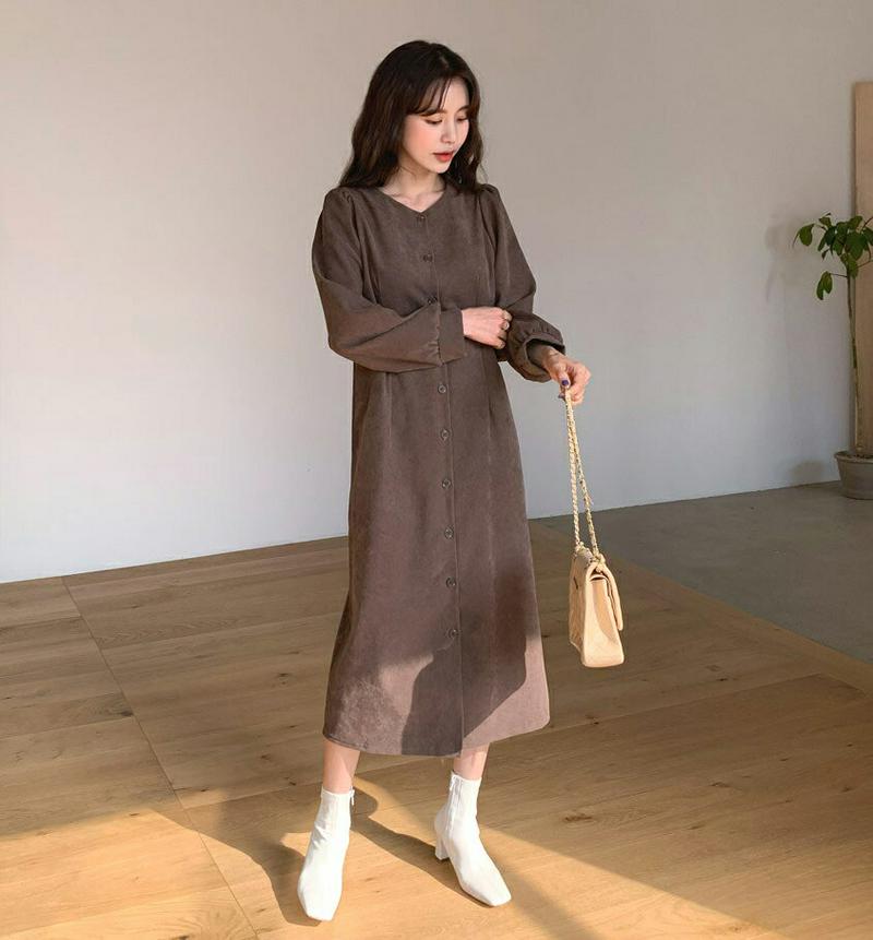 【只今10%OFF】ベルト付ボタンワンピース・全3色・t64363 レディース【ops】【韓国 ファッション ワンピース ロングワンピース 長袖 パフスリーブ ボタン ウエストベルト ベルト シンプル 単色 無地 大人 フェミニン 上品 秋 冬】