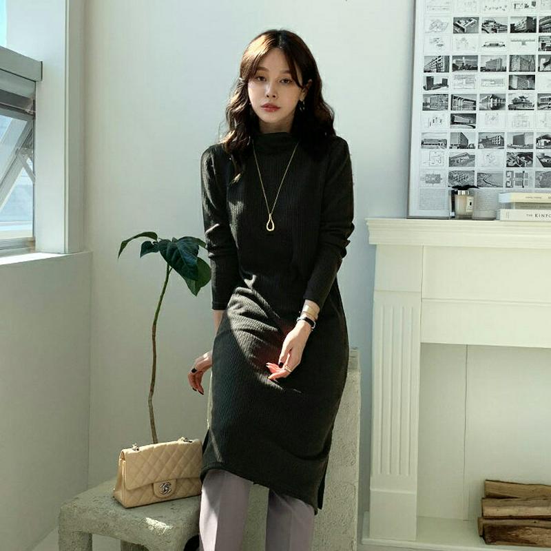 リブハイネックワンピース・全4色・b64824 レディース【ops】【韓国 ファッション ワンピース ミディ丈 ミディワンピース