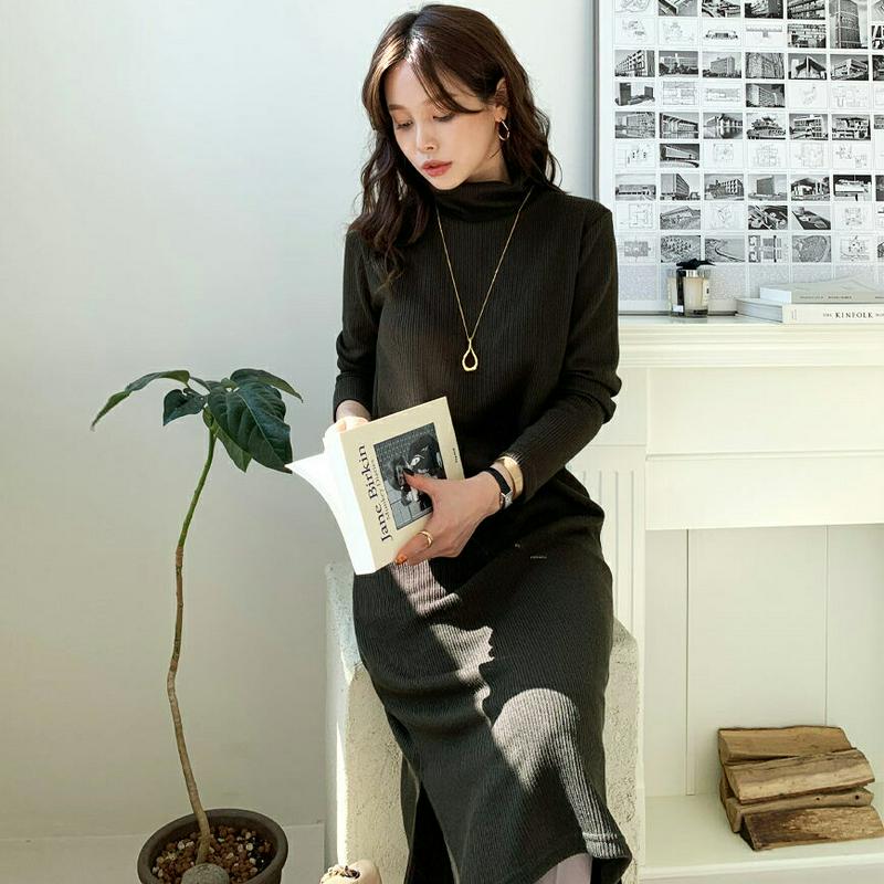 リブハイネックワンピース・全4色・b64824 レディース【ops】【韓国 ファッション ワンピース ミディ丈 ミディワンピース