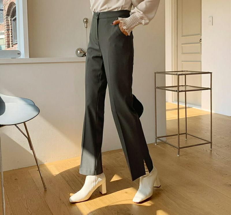 裏起毛スリットスラックス・全3色・t64369 レディース【pt】【韓国 ファッション ボトムス ズボン パンツ ロングパンツ スラックス ロングスラックス スリム ストレート スリット 裏起毛 シンプル 単色 無地 大人 秋 冬】