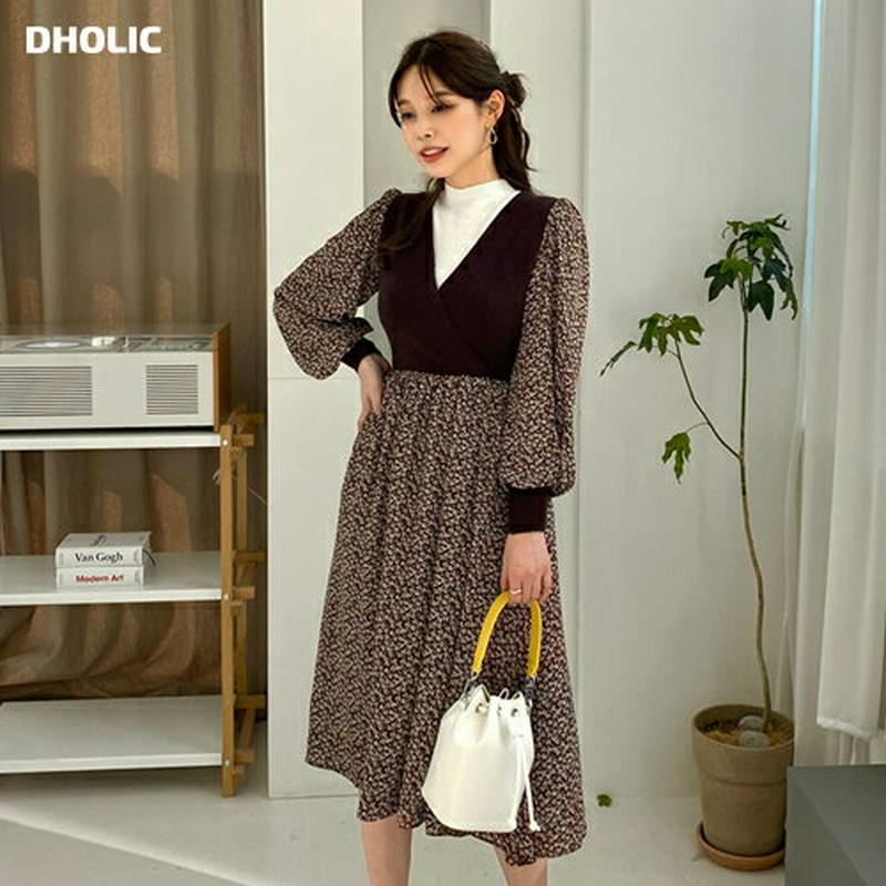 花柄ニットコントラストワンピース・全2色・b64826 レディース【ops】【韓国 ファッション ワンピース ミディ丈 ミディワ