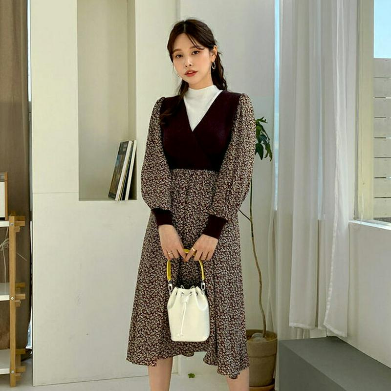 花柄ニットコントラストワンピース・全2色・b64826 レディース【ops】【韓国 ファッション ワンピース ミディ丈 ミディワ