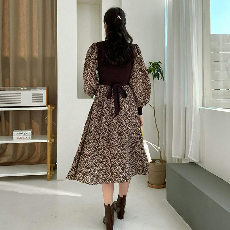 花柄ニットコントラストワンピース・全2色・b64826 レディース【ops】【韓国 ファッション ワンピース ミディ丈 ミディワ