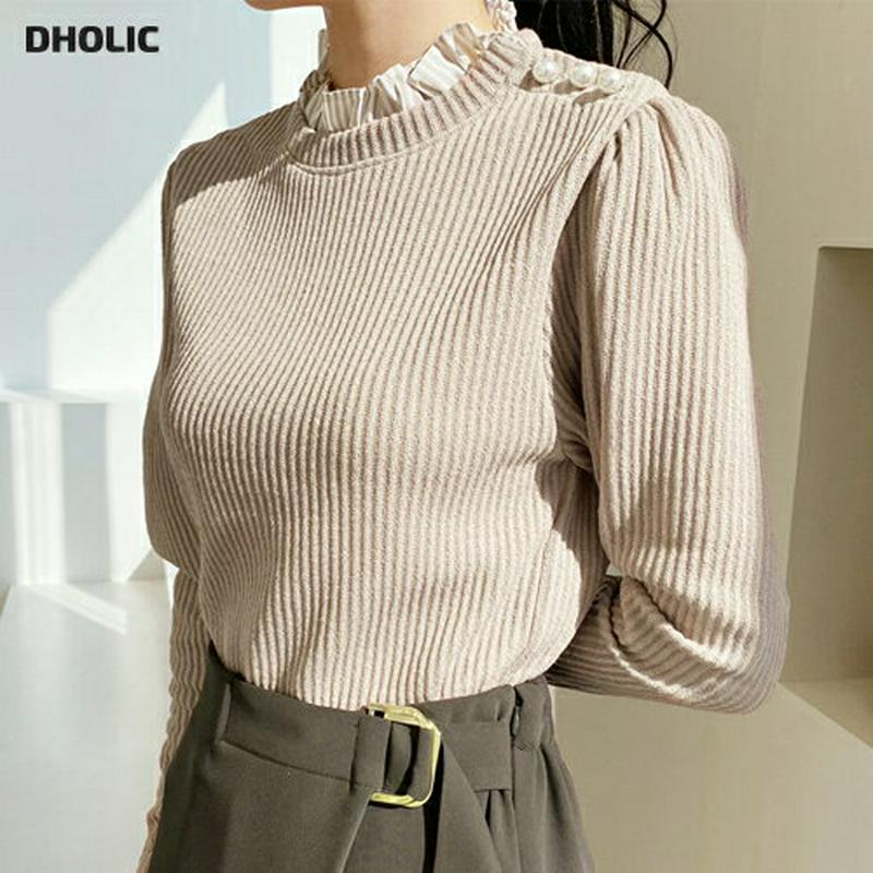 フリルリブTシャツ・全3色・b64812 レディース【tops】【韓国 ファッション トップス Tシャツ ロングスリーブ 長袖 