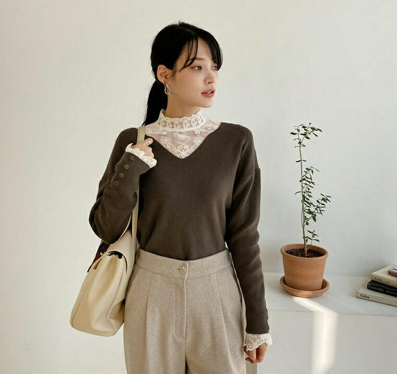Vネックボタンスリーブニット・全4色・b64818 レディース【tops】【韓国 ファッション トップス ニット ニットトップス
