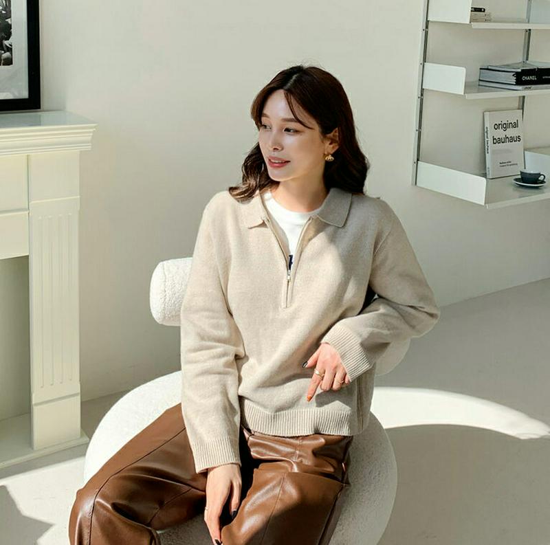 ハーフジップカラーニット・全3色・t64820 レディース【tops】【韓国 ファッション トップス ニット ニットトップス ロングスリーブ 長袖 ハーフジップ ファスナー シンプル カジュアル 単色 無地 ゆったり ラフ 秋 冬】【ハイホリHIHOLLI】