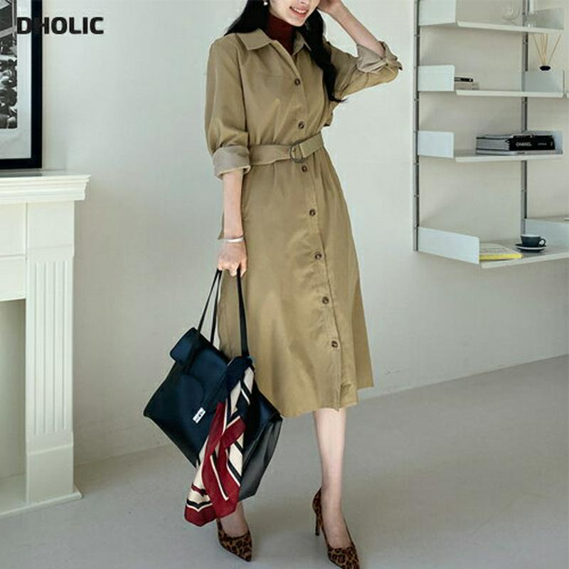 ベルト付カラーボタンワンピース・全3色・b64827 レディース【ops】【韓国 ファッション ワンピース ロング丈 ロングワン