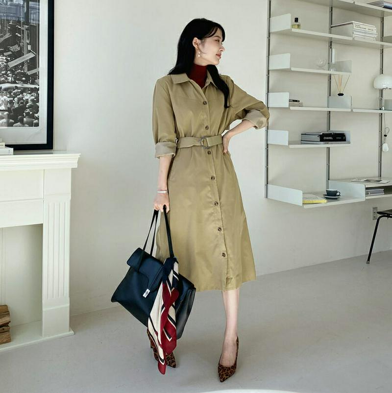 ベルト付カラーボタンワンピース・全3色・b64827 レディース【ops】【韓国 ファッション ワンピース ロング丈 ロングワン