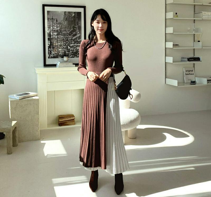 配色プリーツニットワンピース・全2色・t64825 レディース【ops】【韓国 ファッション ワンピース ロングワンピース プリ