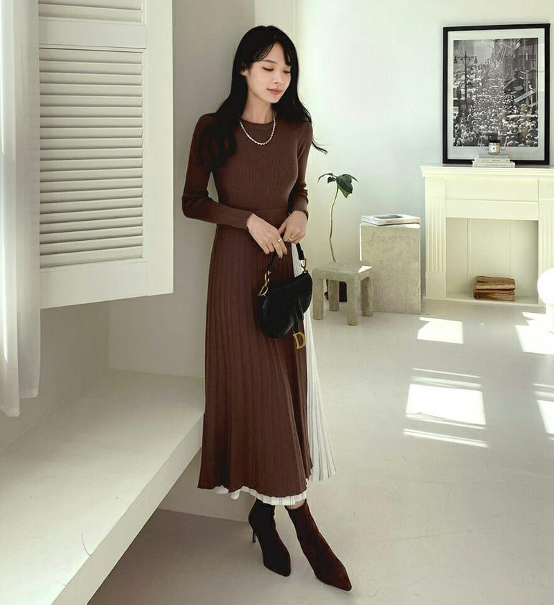 配色プリーツニットワンピース・全2色・t64825 レディース【ops】【韓国 ファッション ワンピース ロングワンピース プリ