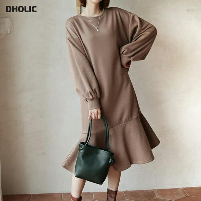 裏起毛フレアヘムワンピース・全4色・b61461 レディース【ops】【韓国 ファッション ワンピース ロングワンピース 長袖 ロングスリーブ ラウンドネック 裏起毛 フレア 揺れ感 シンプル カジュアル 単色 無地 ゆったり 大人 秋 冬】