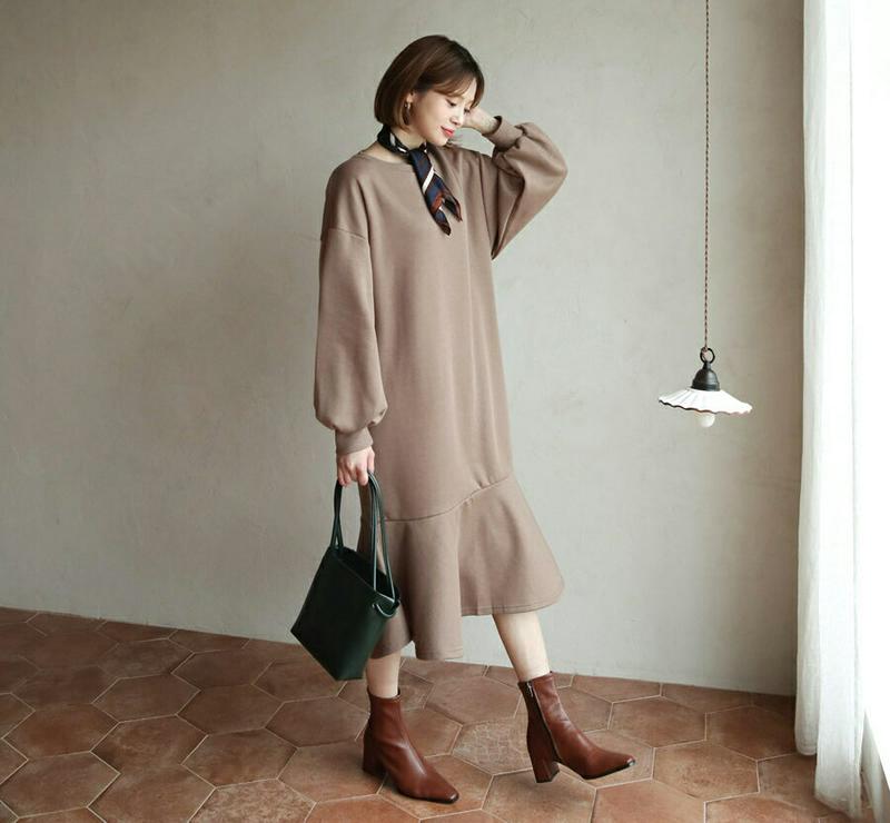 裏起毛フレアヘムワンピース・全4色・b61461 レディース【ops】【韓国 ファッション ワンピース ロングワンピース 長袖 ロングスリーブ ラウンドネック 裏起毛 フレア 揺れ感 シンプル カジュアル 単色 無地 ゆったり 大人 秋 冬】