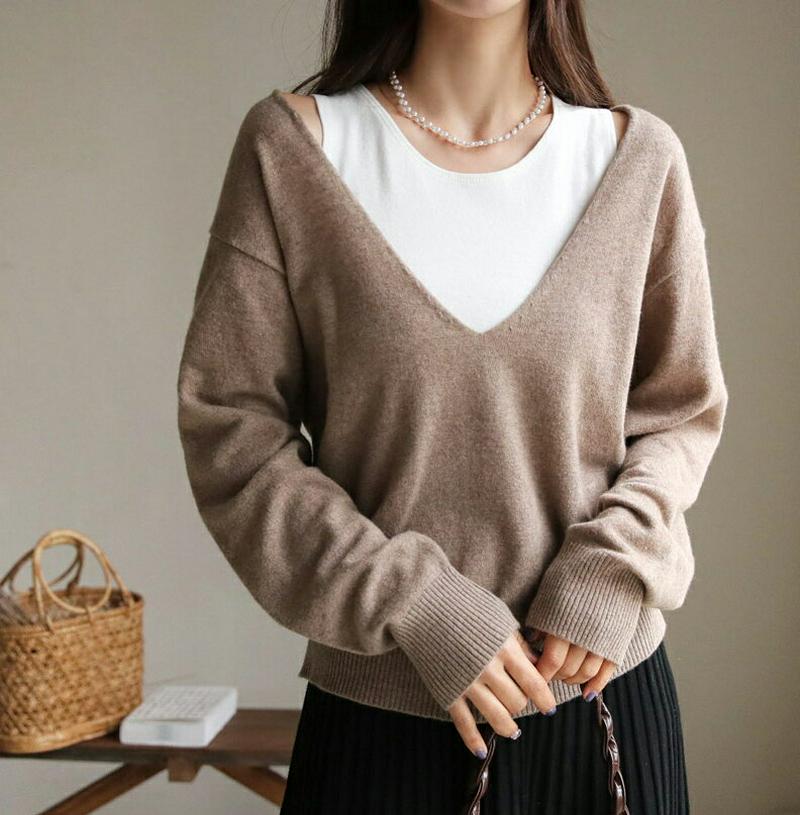 【新作10%OFF】ディープVネックニット・全3色・t61486 レディース【tops】【韓国 ファッション トップス ニット 