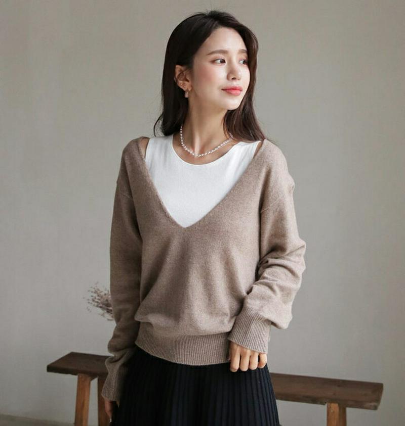 【新作10%OFF】ディープVネックニット・全3色・t61486 レディース【tops】【韓国 ファッション トップス ニット 