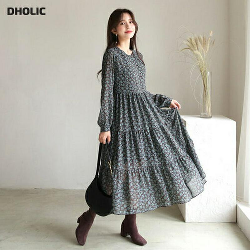 ストラップ付花柄ワンピース・全2色・b61490 レディース【ops】【韓国 ファッション ワンピース ロングワンピース 長袖 ロングスリーブ ラウンドネック 花柄 小花柄 ストラップ 揺れ感 ゆったり シンプル 大人 秋 冬】