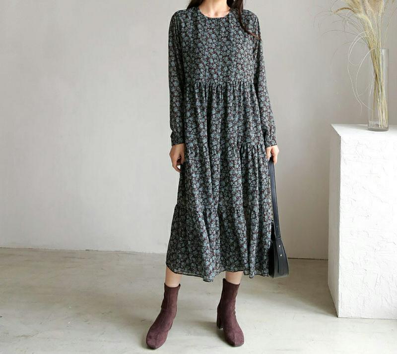 ストラップ付花柄ワンピース・全2色・b61490 レディース【ops】【韓国 ファッション ワンピース ロングワンピース 長袖 ロングスリーブ ラウンドネック 花柄 小花柄 ストラップ 揺れ感 ゆったり シンプル 大人 秋 冬】