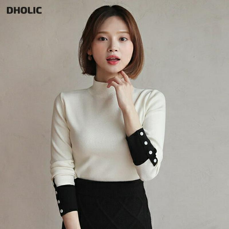 ≪人気商品再入荷≫ボタン配色スリーブニット・全4色・b61525 レディース【tops】 韓国ファッション トップス ニット ニットトップス ロングスリーブ 長袖 ハーフネック ボタン 配色 コントラスト シンプル カジュアル 大人 秋 冬