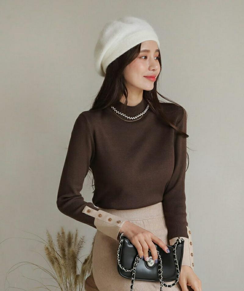 ≪人気商品再入荷≫ボタン配色スリーブニット・全4色・b61525 レディース【tops】 韓国ファッション トップス ニット ニットトップス ロングスリーブ 長袖 ハーフネック ボタン 配色 コントラスト シンプル カジュアル 大人 秋 冬