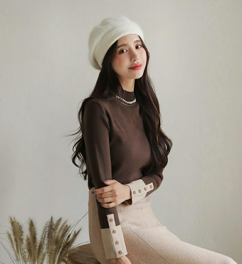 ≪人気商品再入荷≫ボタン配色スリーブニット・全4色・b61525 レディース【tops】 韓国ファッション トップス ニット ニットトップス ロングスリーブ 長袖 ハーフネック ボタン 配色 コントラスト シンプル カジュアル 大人 秋 冬