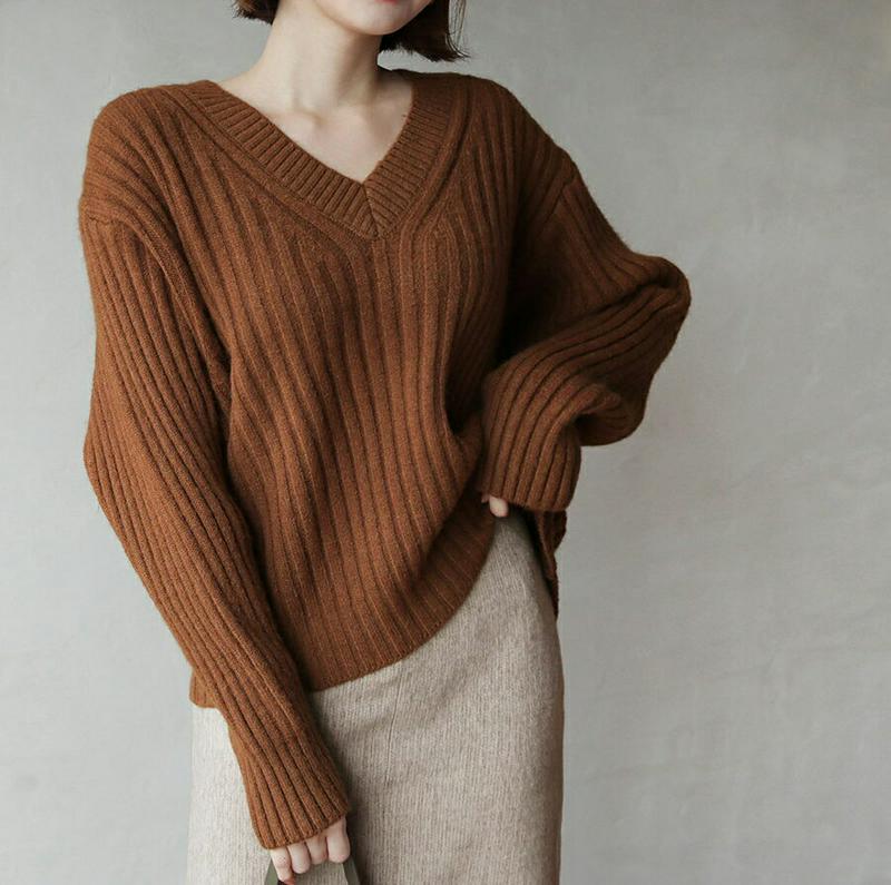 【新作10%OFF】リブVネックニット・全3色・b61529 レディース【tops】【韓国 ファッション トップス ニット ニッ