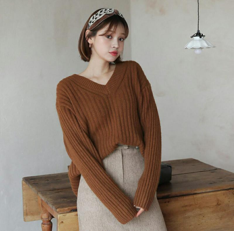 【新作10%OFF】リブVネックニット・全3色・b61529 レディース【tops】【韓国 ファッション トップス ニット ニッ