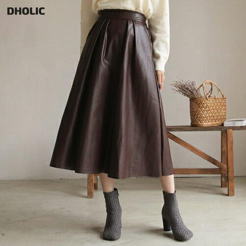 レザー調イージースカート・全2色・b61523 レディース【sk】【韓国 ファッション ボトムス スカート ロング丈 ロングスカート レザー調 バックゴム 楽ちん シンプル 単色 無地 カジュアル ゆったり 大人 シック 秋 冬】