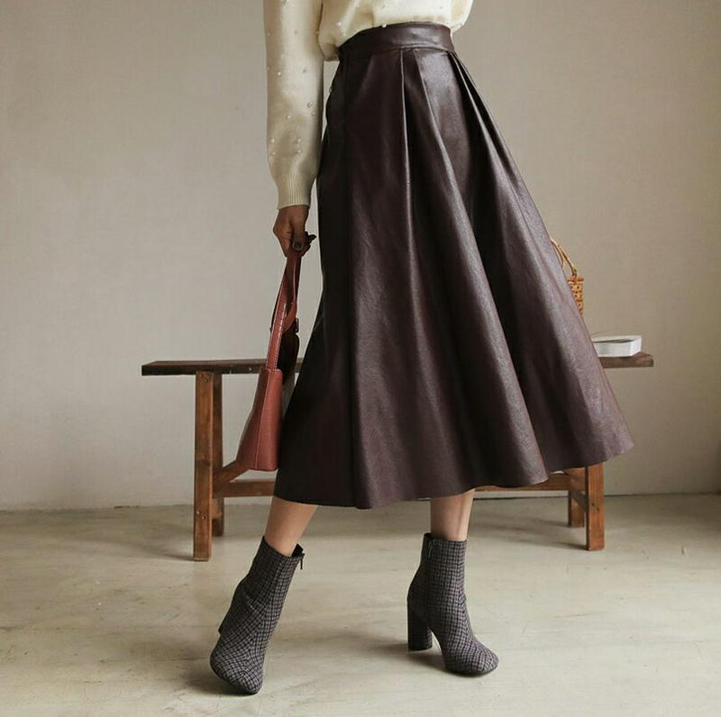 レザー調イージースカート・全2色・b61523 レディース【sk】【韓国 ファッション ボトムス スカート ロング丈 ロングスカート レザー調 バックゴム 楽ちん シンプル 単色 無地 カジュアル ゆったり 大人 シック 秋 冬】
