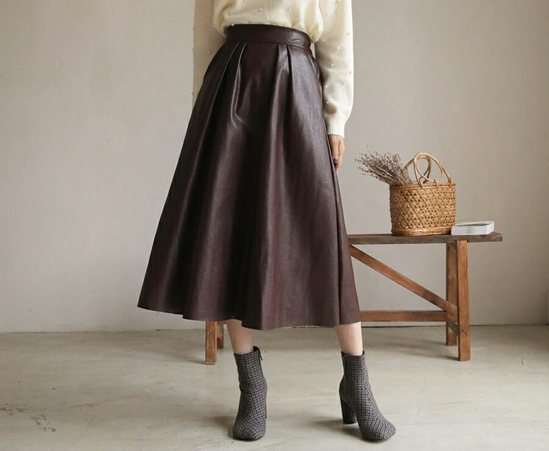 レザー調イージースカート・全2色・b61523 レディース【sk】【韓国 ファッション ボトムス スカート ロング丈 ロングスカート レザー調 バックゴム 楽ちん シンプル 単色 無地 カジュアル ゆったり 大人 シック 秋 冬】
