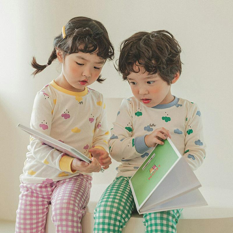 【キッズ30%OFF】cloudパジャマSET(ブルー/グリーンチェック)・p008022 キッズ【3~8才】【uw】【パジャマ 部屋着 ルームウェア トップス 長袖 パンツ ズボン チェック柄 ギンガムチェアック 女の子 男の子 韓国 韓国子供服 子供 こども 子供服 こども服】【KIDS】