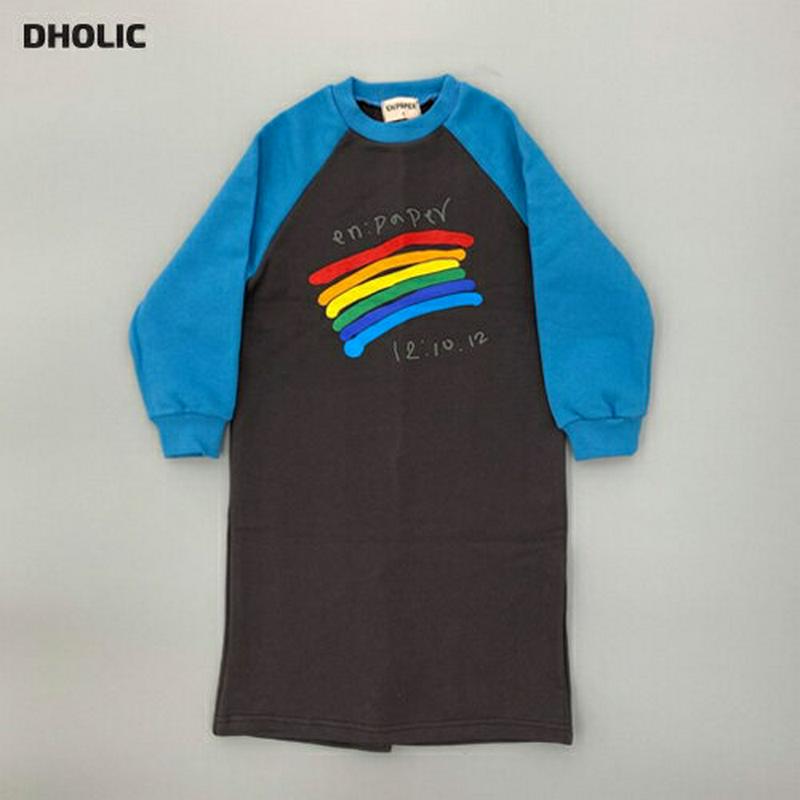 【キッズ20%OFF】【送料無料】レインボーラグラン配色ワンピース・u08014 キッズ【3~8才】【ops】【ワンピース ロン