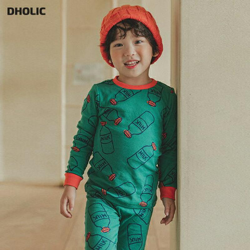 【キッズ30%OFF】MILKパターンパジャマSET(グリーン)・p008024 キッズ【3~8才】【uw】【パジャマ 部屋着 ルームウェア セット set 上下 トップス 長袖 パンツ ズボン 総柄 カジュアル 女の子 男の子 韓国 韓国子供服 子供 こども 子供服 こども服】【KIDS】