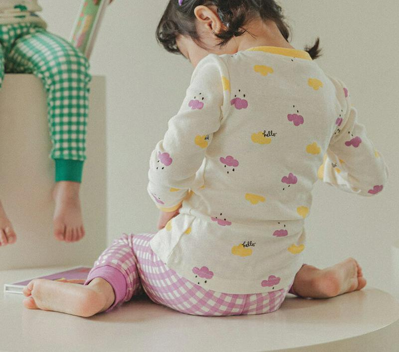 cloudパジャマSET(イエロー/パープル)・p008025 キッズ【3~8才】【uw】【パジャマ 部屋着 ルームウェア トップス 長袖 パンツ ズボン チェック柄 ギンガムチェアック 女の子 男の子 韓国 韓国子供服 子供 こども 子供服 こども服】【KIDS】