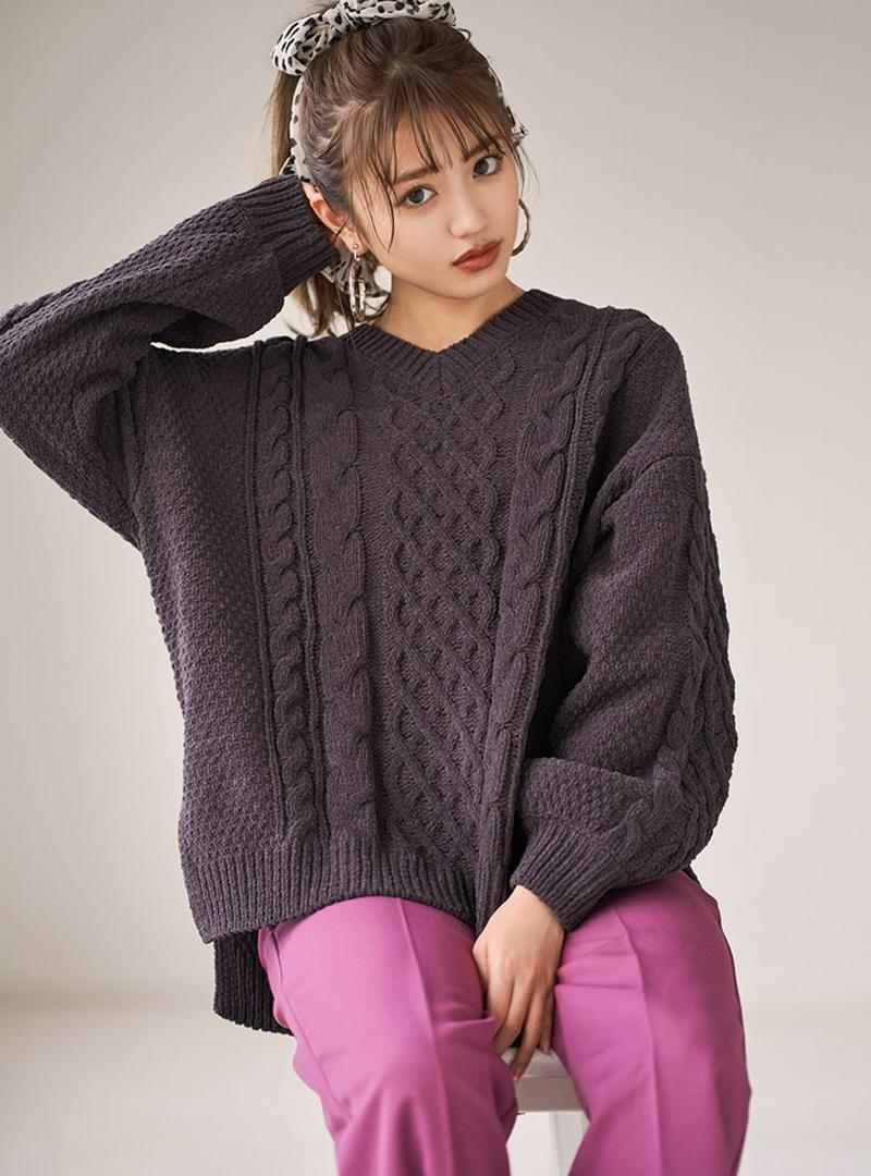 ケーブル編みモールニットトップス