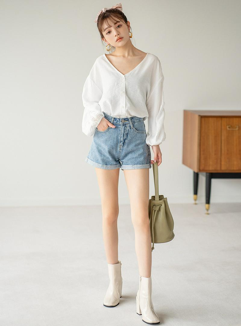 ロールアップヘムハイウエストデニムショートパンツ