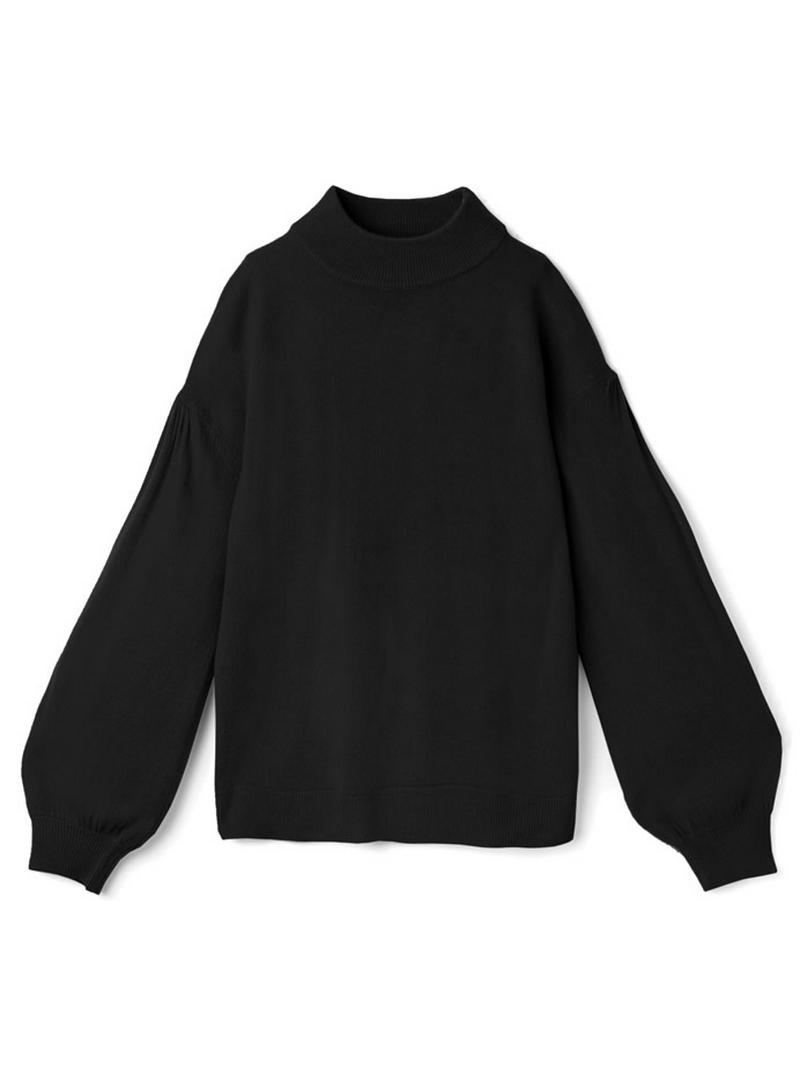 ハイネックボリュームスリーブカシミヤタッチニットトップス