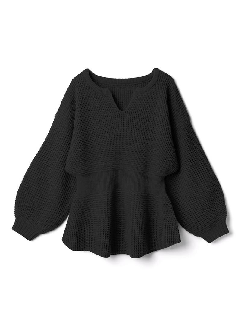 キーネックワッフル編みペプラムニットトップス