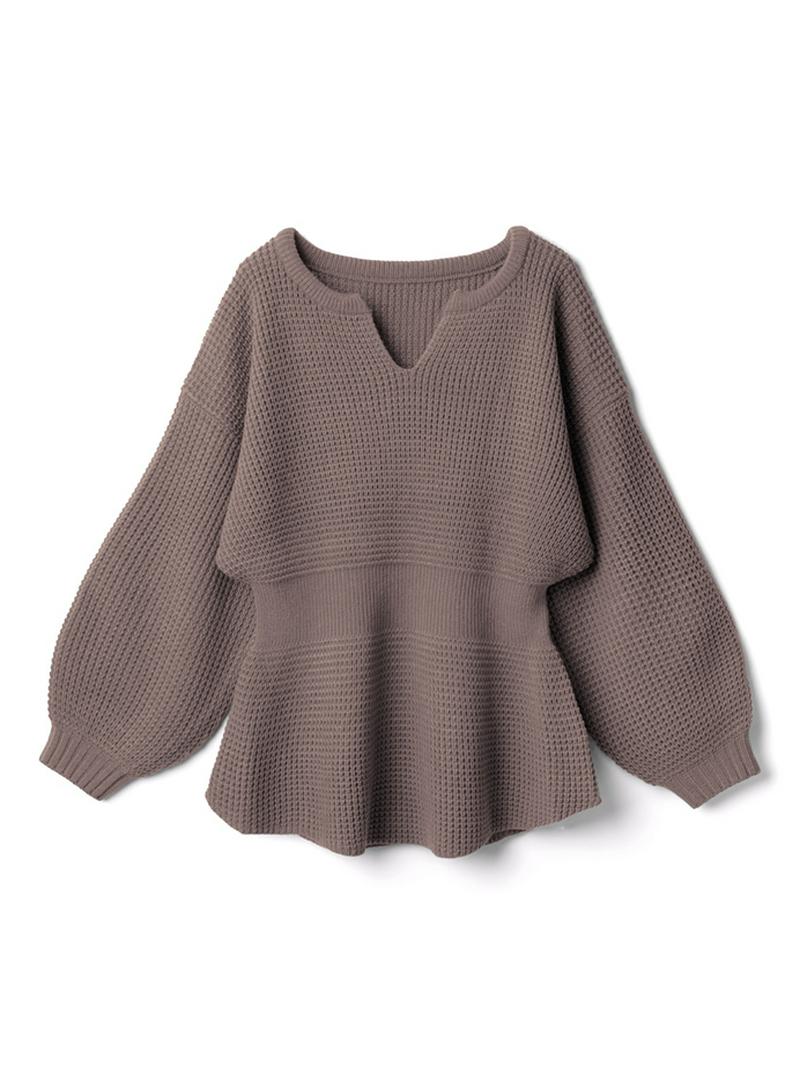 キーネックワッフル編みペプラムニットトップス