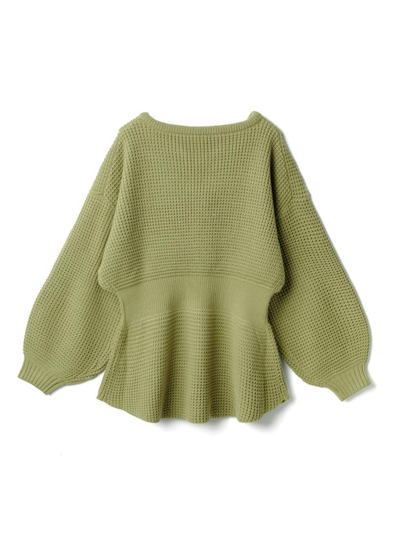 キーネックワッフル編みペプラムニットトップス