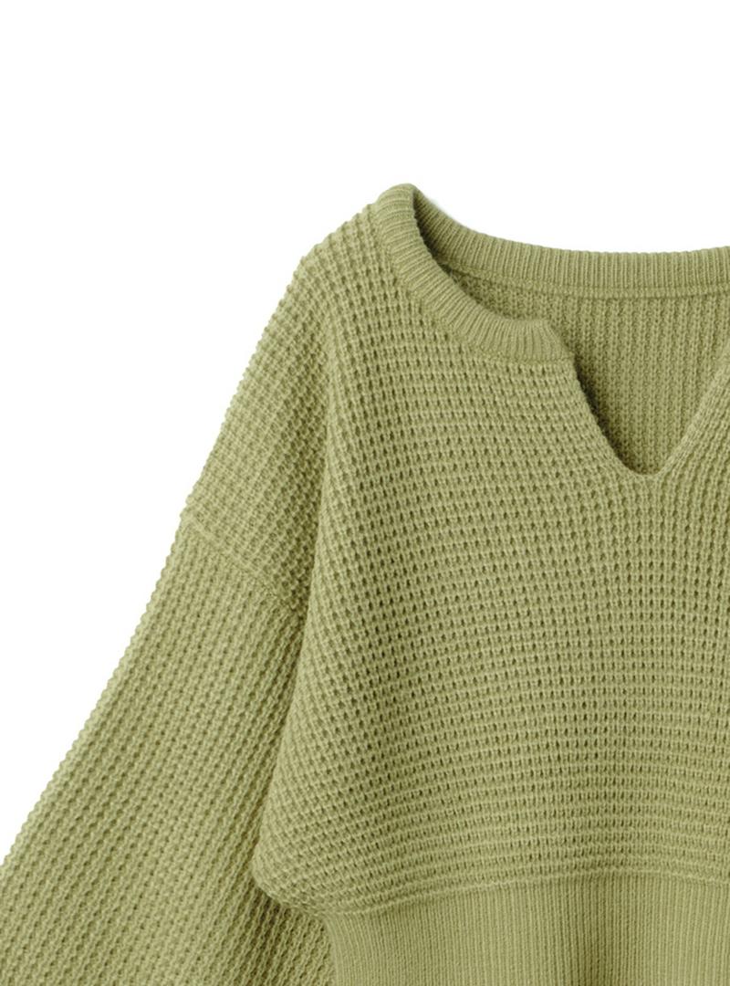 キーネックワッフル編みペプラムニットトップス