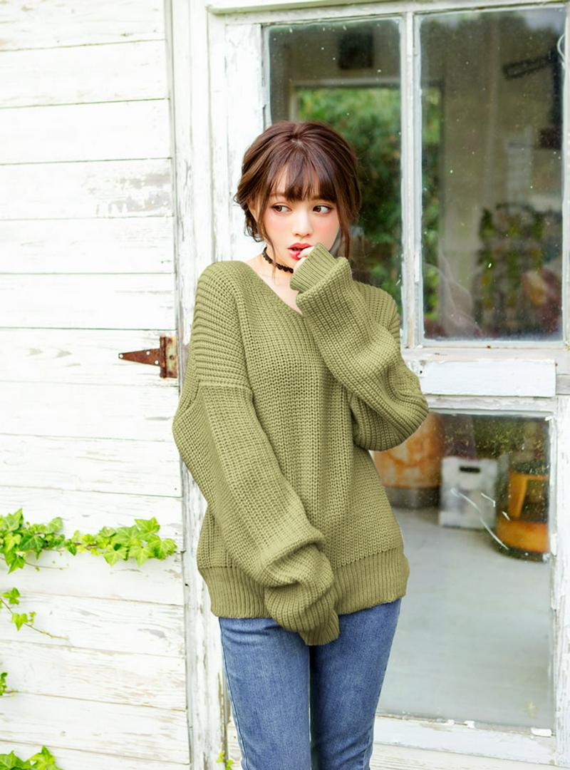 ロングスリーブVネックニットトップス