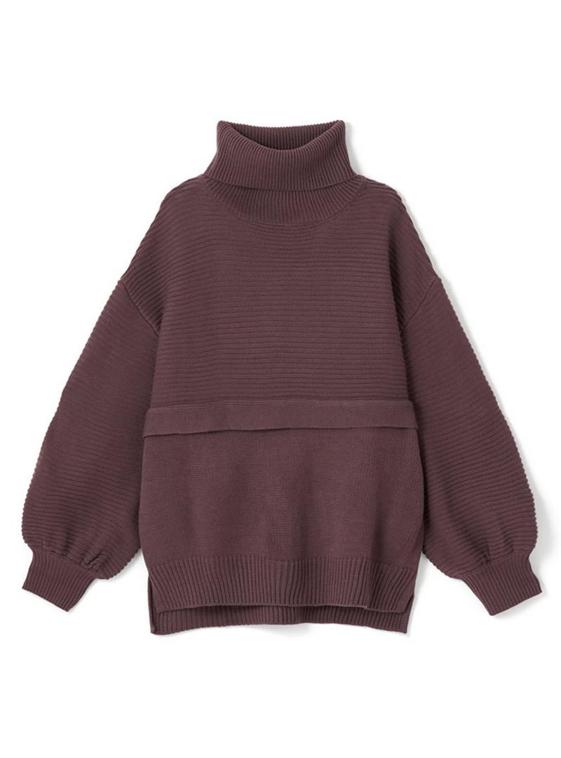 タートルネックレイヤードデザインニットトップス