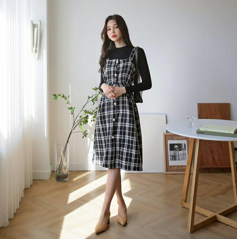 【只今10%OFF】リブニット&ベルト付ツイードワンピースSET・全2色・t61000 レディース【ops】【韓国 ファッション