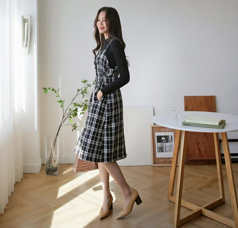 【只今10%OFF】リブニット&ベルト付ツイードワンピースSET・全2色・t61000 レディース【ops】【韓国 ファッション